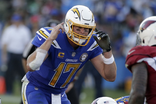 Los Angeles Chargers quarterback Philip Rivers signals during the second half of an NFL football game Sunday, Nov. 25, 2018, in Carson, Calif. (AP Photo/Jae C. Hong )