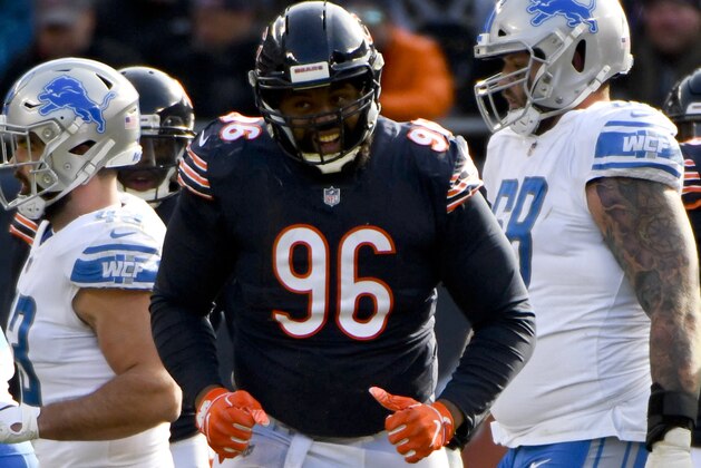 Chicago Bears defensive end Akiem Hicks (96) blocks against the Detroit Lions during an NFL football game Sunday, Nov. 11, 2018, in Chicago. (AP Photo/Matt Marton)