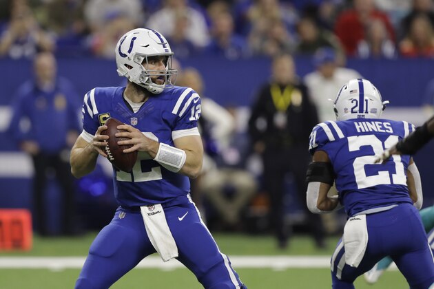 Indianapolis Colts quarterback Andrew Luck (12) throws against the Miami Dolphins during the first half of an NFL football game in Indianapolis, Sunday, Nov. 25, 2018. (AP Photo/Darron Cummings)