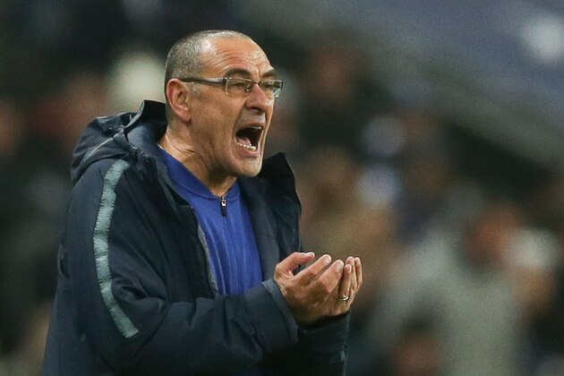 Chelsea's Italian head coach Maurizio Sarri gestures from the touchline during the English Premier League football match between Tottenham Hotspur and Chelsea at Wembley Stadium in London, on November 24, 2018. (Photo by Daniel LEAL-OLIVAS / AFP) / RESTRICTED TO EDITORIAL USE. No use with unauthorized audio, video, data, fixture lists, club/league logos or 'live' services. Online in-match use limited to 120 images. An additional 40 images may be used in extra time. No video emulation. Social media in-match use limited to 120 images. An additional 40 images may be used in extra time. No use in betting publications, games or single club/league/player publications. /         (Photo credit should read DANIEL LEAL-OLIVAS/AFP/Getty Images)