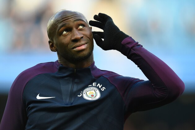 Manchester City's French defender Eliaquim Mangala warms up for the English FA Cup third round football match between Manchester City and Burnley at Etihad Stadium in Manchester, north west England on January 6, 2018. / AFP PHOTO / Oli SCARFF / RESTRICTED TO EDITORIAL USE. No use with unauthorized audio, video, data, fixture lists, club/league logos or 'live' services. Online in-match use limited to 75 images, no video emulation. No use in betting, games or single club/league/player publications.  /         (Photo credit should read OLI SCARFF/AFP/Getty Images)