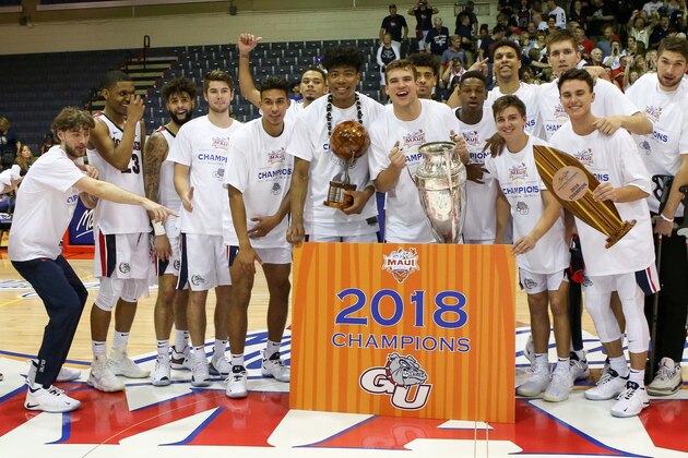LAHAINA, HI - NOVEMBER 21: The Gonzaga Bulldogs players and coaches pose for a photo after winning the 2018 Maui Invitational against the Duke Blue Devils at the Lahaina Civic Center on November 21, 2018 in Lahaina, Hawaii.  (Photo by Darryl Oumi/Getty Images)