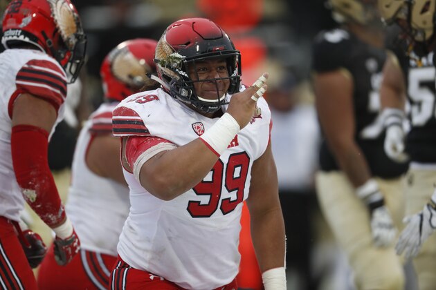 Utah Utes defensive tackle Leki Fotu (99) in the second half of an NCAA college football game Saturday, Nov. 17, 2018, in Boulder, Colo. Utah won 30-7. (AP Photo/David Zalubowski)