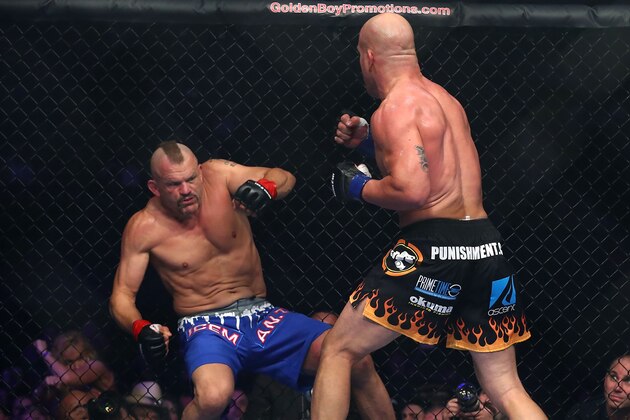 INGLEWOOD, CA - NOVEMBER 24:  Chuck Liddell is knocked down in the first round by Tito Ortiz during the Light Heavyweight bout at The Forum on November 24, 2018 in Inglewood, California. (Photo by Joe Scarnici/Getty Images)