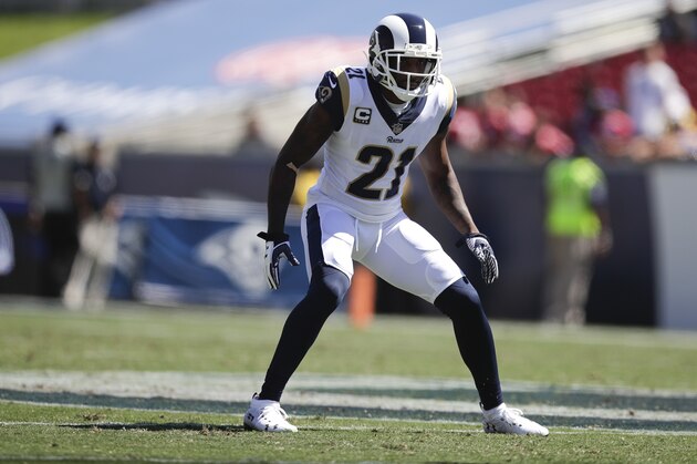 Los Angeles Rams defensive back Aqib Talib stands on the field during an NFL football game against the Los Angeles Chargers Sunday, Sept. 23, 2018, in Los Angeles. (AP Photo/Jae C. Hong)