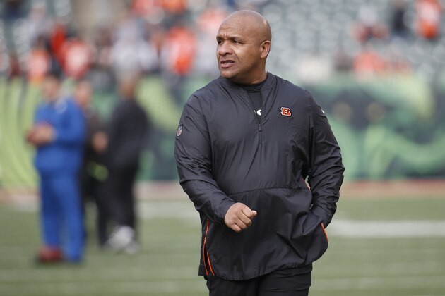 Cincinnati Bengals special assistant Hue Jackson works the field during practice before an NFL football game against the Cleveland Browns, Sunday, Nov. 25, 2018, in Cincinnati. (AP Photo/Frank Victores)