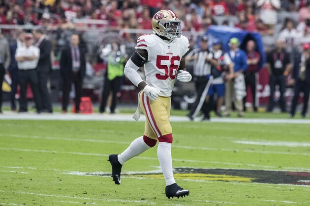 San Francisco 49ers' Reuben Foster (56) plays his linebacker position against the Arizona Cardinals offense during the first half of an NFL football game, Sunday, Oct. 28, 2018, in Glendale, Ariz. (AP Photo/Darryl Webb)