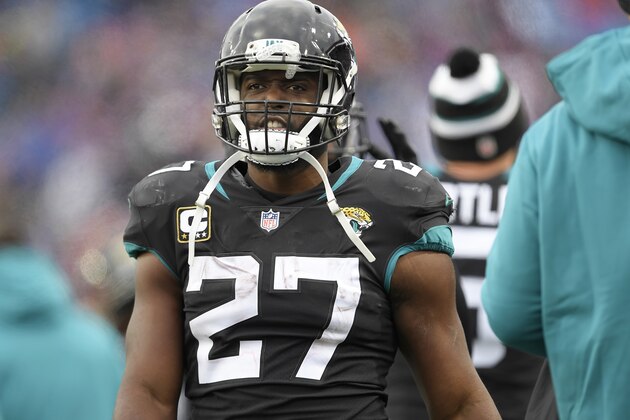 Jacksonville Jaguars running back Leonard Fournette looks on from the bench during the second half of an NFL football game against the Buffalo Bills, Sunday, Nov. 25, 2018, in Orchard Park, N.Y. (AP Photo/Adrian Kraus)
