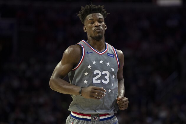 Philadelphia 76ers' Jimmy Butler looks on during the first half of an NBA basketball game against the Utah Jazz, Friday, Nov. 16, 2018, in Philadelphia. The 76ers won 113-107. (AP Photo/Chris Szagola)