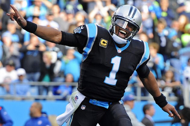 Carolina Panthers' Cam Newton (1) celebrates a touchdown against the Seattle Seahawks during the second half of an NFL football game in Charlotte, N.C., Sunday, Nov. 25, 2018. (AP Photo/Mike McCarn)