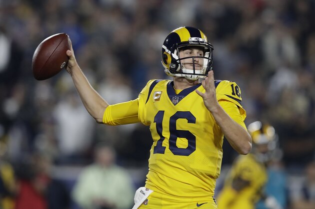 Los Angeles Rams quarterback Jared Goff looks to pass against the Kansas City Chiefs during the first half of an NFL football game, Monday, Nov. 19, 2018, in Los Angeles. (AP Photo/Marcio Jose Sanchez)