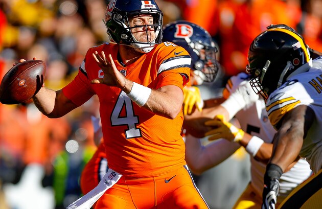 DENVER, CO - NOVEMBER 25:  Quarterback Case Keenum #4 of the Denver Broncos passes against the Pittsburgh Steelers in the first quarter of a game at Broncos Stadium at Mile High on November 25, 2018 in Denver, Colorado. (Photo by Justin Edmonds/Getty Images)