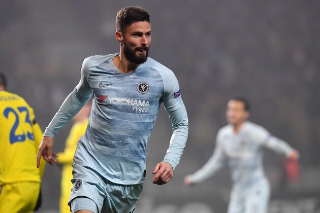 Chelsea's French striker Olivier Giroud celebrates after scoring a goal during the UEFA Europa League group L football match between FC BATE Borisov and Chelsea FC in Borisov outside Minsk on November 8, 2018. (Photo by Kirill KUDRYAVTSEV / AFP)        (Photo credit should read KIRILL KUDRYAVTSEV/AFP/Getty Images)