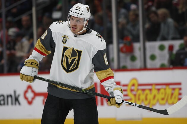 Vegas Golden Knights defenseman Nate Schmidt (88) in the first period of an NHL hockey game Saturday, March 24, 2018, in Denver. (AP Photo/David Zalubowski)