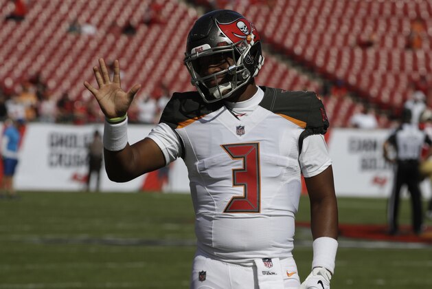Tampa Bay Buccaneers quarterback Jameis Winston (3) waves before an NFL football game against the San Francisco 49ers Sunday, Nov. 25, 2018, in Tampa, Fla. (AP Photo/Chris O'Meara)