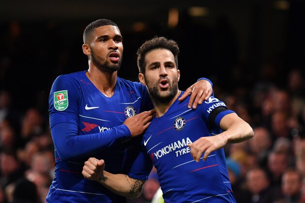 LONDON, ENGLAND - OCTOBER 31:  Cesc Fabregas of Chelsea celebrates with teammate Ruben Loftus-Cheek after scoring his team's third goal during the Carabao Cup Fourth Round match between Chelsea and Derby County at Stamford Bridge on October 31, 2018 in London, England.  (Photo by Mike Hewitt/Getty Images)