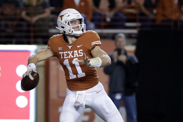 Texas quarterback Sam Ehlinger (11) during the first half of an NCAA college football game against Iowa State , Saturday, Nov. 17, 2018, in Austin, Texas. (AP Photo/Eric Gay)