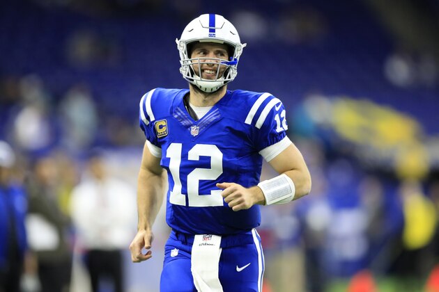 INDIANAPOLIS, INDIANA - NOVEMBER 25: Andrew Luck #12 of the Indianapolis Colts warms up before the game against the Miami Dolphins at Lucas Oil Stadium on November 25, 2018 in Indianapolis, Indiana. (Photo by Andy Lyons/Getty Images)