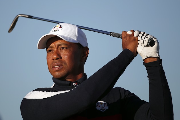 Tiger Woods of the US on the practice range at Le Golf National in Guyancourt, outside Paris, France, Tuesday, Sept. 25, 2018. The 42nd Ryder Cup will be held in France from Sept. 28-30, 2018 at Le Golf National. (AP Photo/Francois Mori)