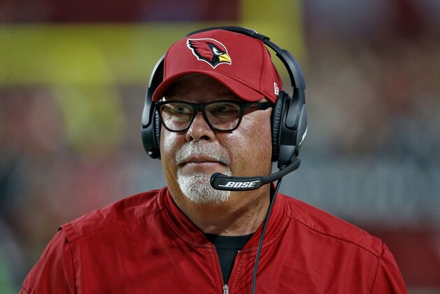 FILE - In this Nov. 26, 2017, file photo, Arizona Cardinals head coach Bruce Arians watches during the second half of an NFL football game against the Jacksonville Jaguars, in Glendale, Ariz. Arians is joining CBS as an NFL game analyst. Arians, a two-time winner of the AP's Coach of the Year award, retired as coach of the Arizona Cardinals in January. He will work with play-by-play announcer Greg Gumbel and analyst Trent Green in a three-man booth.(AP Photo/Ross D. Franklin, File)