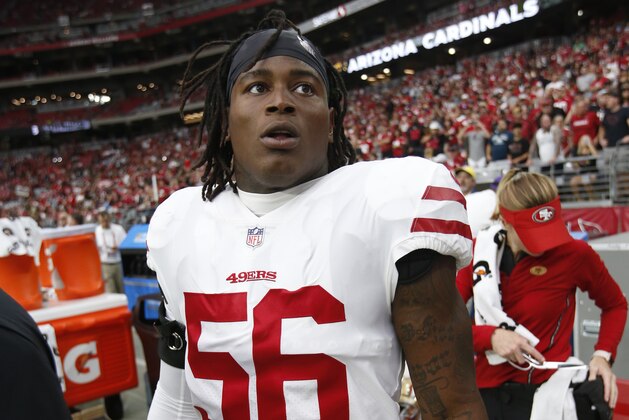 GLENDALE, AZ - OCTOBER 28: Reuben Foster #56 of the San Francisco 49ers stands on the sideline prior to the game against the Arizona Cardinals at State Farm Stadium on October 28, 2018 in Glendale, Arizona. The Cardinals defeated the 49ers 18-15. (Photo by Michael Zagaris/San Francisco 49ers/Getty Images)