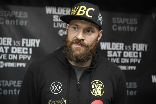 LOS ANGELES, CA - OCTOBER 25: Lineal Heavyweight Champion Tyson Fury holds a press confernce in advance of his highly anticipated WBC Heavyweight World Championship against undefeated WBC World Champion Deontay Wilder at Churchill Boxing Club on October 25, 2018 in Los Angeles, California. (Photo by John McCoy/Getty Images)