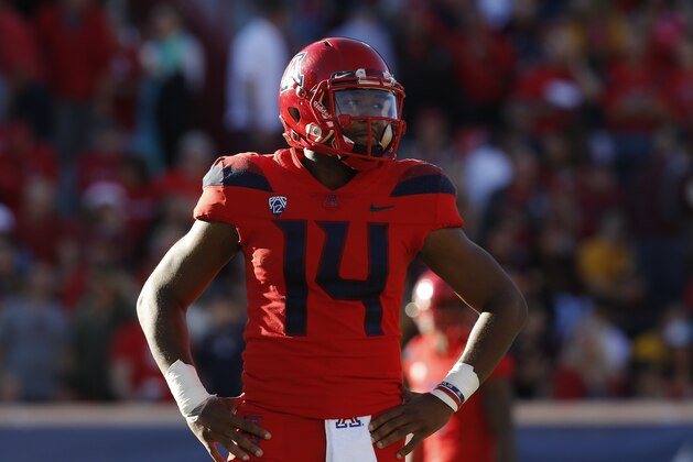 Arizona quarterback Khalil Tate (14) in the second half during an NCAA college football game against Arizona State, Saturday, Nov. 24, 2018, in Tucson, Ariz. Arizona State defeated Arizona 41-40 to claim the Territorial Cup. (AP Photo/Rick Scuteri)