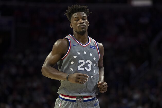 Philadelphia 76ers' Jimmy Butler looks on during the first half of an NBA basketball game against the Utah Jazz, Friday, Nov. 16, 2018, in Philadelphia. The 76ers won 113-107. (AP Photo/Chris Szagola)