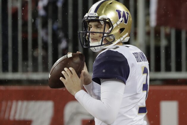 Washington quarterback Jake Browning throws during warmups before an NCAA college football game against Washington State, Friday, Nov. 23, 2018, in Pullman, Wash. (AP Photo/Ted S. Warren) Washington quarterback Jake Browning throws during warmups before an NCAA college football game against Washington State, Friday, Nov. 23, 2018, in Pullman, Wash. (AP Photo/Ted S. Warren)
