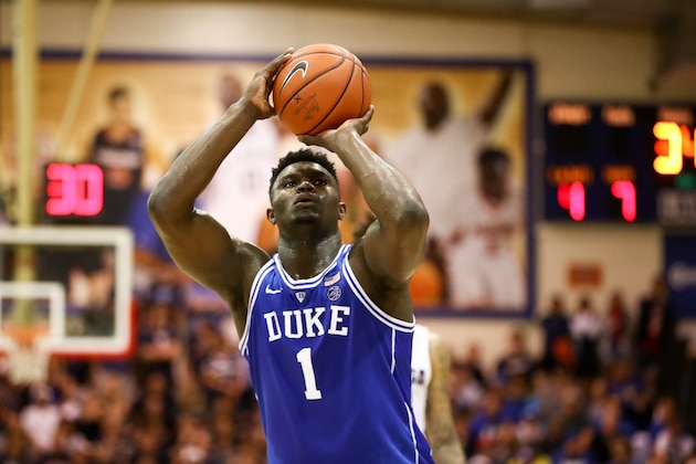 LAHAINA, HI - NOVEMBER 21: Zion Williamson #1 of the Duke Blue Devils shoots a free throw during the first half of the game against the Gonzaga Bulldogs at the Lahaina Civic Center on November 21, 2018 in Lahaina, Hawaii.  (Photo by Darryl Oumi/Getty Images)