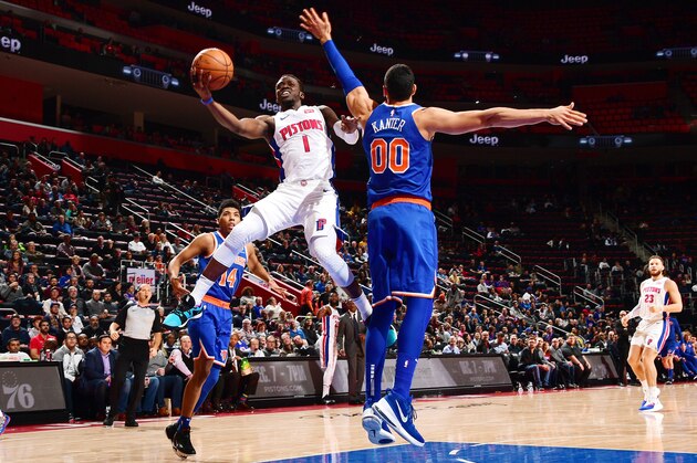 DETROIT, MI - NOVEMBER 27:  Reggie Jackson #1 of the Detroit Pistons shoots the ball against the New York Knicks on November 27, 2018 at Little Caesars Arena in Detroit, Michigan. NOTE TO USER: User expressly acknowledges and agrees that, by downloading and/or using this photograph, User is consenting to the terms and conditions of the Getty Images License Agreement. Mandatory Copyright Notice: Copyright 2018 NBAE (Photo by Chris Schwegler/NBAE via Getty Images)