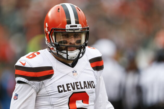 Cleveland Browns quarterback Baker Mayfield stands on the field in the second half of an NFL football game against the Cincinnati Bengals, Sunday, Nov. 25, 2018, in Cincinnati. (AP Photo/Gary Landers)