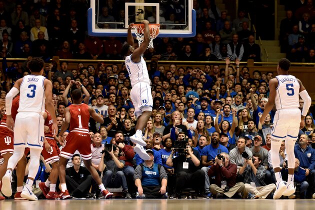 DURHAM, NC - NOVEMBER 27: Zion Williamson #1 of the Duke Blue Devils dunks the ball against the Indiana Hoosiers at Cameron Indoor Stadium on November 27, 2018 in Durham, North Carolina. (Photo by Lance King/Getty Images)