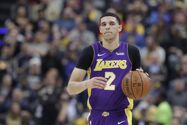 Los Angeles Lakers' Lonzo Ball in action during the first half of an NBA basketball game against the Indiana Pacers, Monday, March 19, 2018, in Indianapolis. (AP Photo/Darron Cummings)