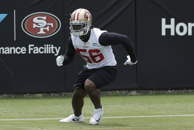 San Francisco 49ers linebacker Reuben Foster practices at the team's NFL football training facility in Santa Clara, Calif., Wednesday, May 30, 2018. (AP Photo/Jeff Chiu)