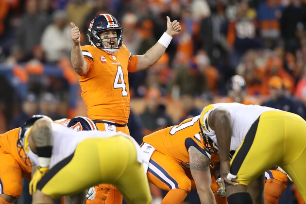 DENVER, CO - NOVEMBER 25:  Quarterback Case Keenum #4 of the Denver Broncos plays the Pittsburgh Steelers at Broncos Stadium at Mile High  on November 25, 2018 in Denver, Colorado.  (Photo by Matthew Stockman/Getty Images)