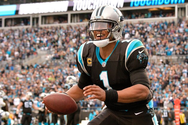 CHARLOTTE, NC - NOVEMBER 25: Cam Newton #1 of the Carolina Panthers celebrates after a touchdown against the Seattle Seahawks during the second half of their game at Bank of America Stadium on November 25, 2018 in Charlotte, North Carolina. The Seahawks won 30-27.  (Photo by Grant Halverson/Getty Images)