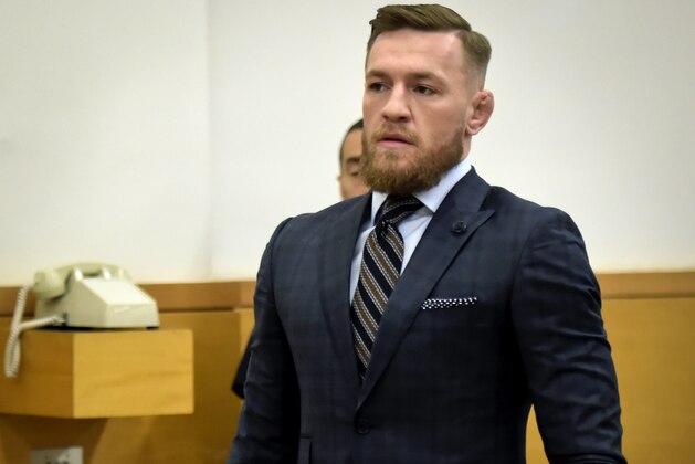 Mixed martial arts fighter Conor McGregor appears at Brooklyn Supreme Court, Thursday, June 14, 2018, in New York. McGregor expressed regret on Thursday for a backstage melee at a Brooklyn arena, and is in plea negotiations to resolve charges in the case. (Rashid Umar Abbasi /New York Post via AP, Pool)