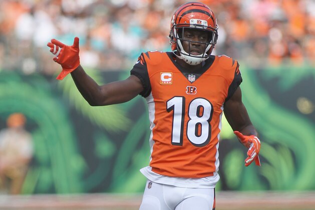 CINCINNATI, OH - OCTOBER 07:  A.J. Green #18 of the Cincinnati Bengals runs to the line of scrimmage during the game against the Miami Dolphins at Paul Brown Stadium on October 7, 2018 in Cincinnati, Ohio. The Bengals defeated the Dolphins 27-17.  (Photo by John Grieshop/Getty Images)