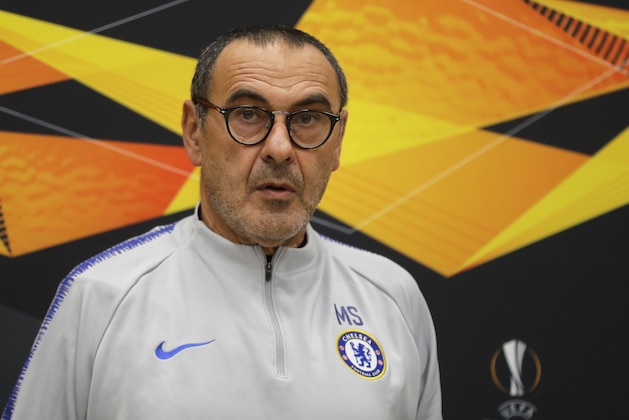 Chelsea head coach Maurizio Sarri arrives for a news conference in Minsk, Belarus, on Wednesday, Nov. 7, 2018. Chelsea will play against Bate Borisov during the Europa League group L soccer match on Thursday, Nov. 8, 2018. (AP Photo/Sergei Grits)