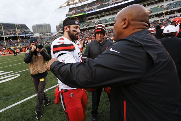 Cleveland Browns quarterback Baker Mayfield (6) meets with Cincinnati Bengals special assistant Hue Jackson, right, after an NFL football game, Sunday, Nov. 25, 2018, in Cincinnati. (AP Photo/Frank Victores) Cleveland Browns quarterback Baker Mayfield (6) meets with Cincinnati Bengals special assistant Hue Jackson, right, after an NFL football game, Sunday, Nov. 25, 2018, in Cincinnati. (AP Photo/Frank Victores)