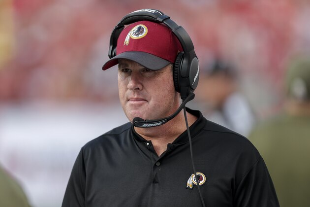 TAMPA, FL - NOVEMBER 11: Head coach Jay Gruden of the Washington Redskins on the sidelines during a game against the Tampa Bay Buccaneers at Raymond James Stadium on November 21, 2018 in Tampa, Florida. The Redskins defaeted the Buccaneers 16 to 3. (Photo by Don Juan Moore/Getty Images)