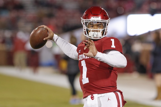 FILE - In this Saturday, Nov. 17, 2018 file photo, Oklahoma quarterback Kyler Murray (1) warms up before the start of an NCAA college football game against Kansas in Norman, Okla. No. 6 West Virginia and No. 12 Oklahoma meet Friday night in Morgantown, W.Va., with the winner earning a berth in the Big 12 championship game next week. (AP Photo/Alonzo Adams, File) FILE - In this Saturday, Nov. 17, 2018 file photo, Oklahoma quarterback Kyler Murray (1) warms up before the start of an NCAA college football game against Kansas in Norman, Okla. No. 6 West Virginia and No. 12 Oklahoma meet Friday night in Morgantown, W.Va., with the winner earning a berth in the Big 12 championship game next week. (AP Photo/Alonzo Adams, File)