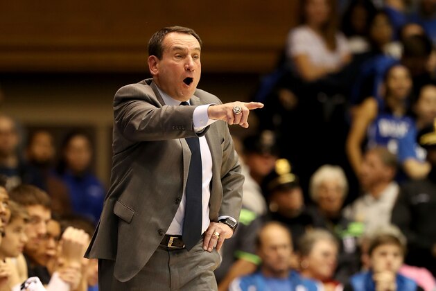 DURHAM, NC - NOVEMBER 11:  Head coach Mike Krzyzewski of the Duke Blue Devils reacts against the Army Black Knights during their game at Cameron Indoor Stadium on November 11, 2018 in Durham, North Carolina.  (Photo by Streeter Lecka/Getty Images)
