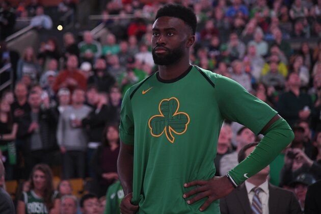 BOSTON, MA - NOVEMBER 21: Jaylen Brown #7 of the Boston Celtics looks on during the National Anthem prior to a game against the New York Knicks on November 21, 2018 at TD Garden in Boston, Massachusetts. NOTE TO USER: User expressly acknowledges and agrees that, by downloading and/or using this Photograph, user is consenting to the terms and conditions of the Getty Images License Agreement. Mandatory Copyright Notice: Copyright 2018 NBAE (Photo by Brian Babineau/NBAE via Getty Images)