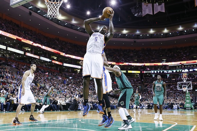 BOSTON, MA - NOVEMBER 23: Oklahoma City Thunder center Kendrick Perkins (5) grabs the rebound during the Boston Celtics 108-100 victory over the Oklahoma City Thunder at TD Garden on November 23, 2012 in Boston, Massachusetts. NOTE TO USER: User expressly acknowledges and agrees that, by downloading and or using this photograph, User is consenting to the terms and conditions of the Getty Images License Agreement. (Photo by Chris Elise/Getty Images)