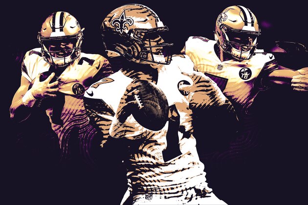 NEW ORLEANS, LA - OCTOBER 08: Taysom Hill #7 of the New Orleans Saints celebrates a touchdown during the second half against the Washington Redskins at the Mercedes-Benz Superdome on October 8, 2018 in New Orleans, Louisiana.  (Photo by Sean Gardner/Getty Images)