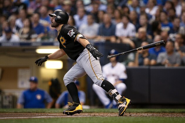 MILWAUKEE, WI - SEPTEMBER 14:  Francisco Cervelli #29 of the Pittsburgh Pirates hits a sacrifice fly in the third inning against the Milwaukee Brewers at Miller Park on September 14, 2018 in Milwaukee, Wisconsin. (Photo by Dylan Buell/Getty Images)