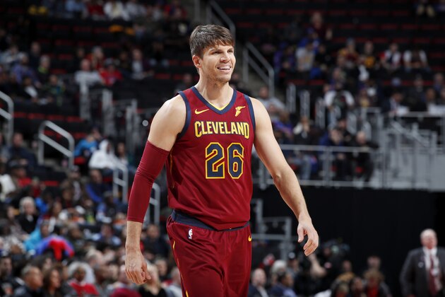 DETROIT, MI - NOVEMBER 19: Kyle Korver #26 of the Cleveland Cavaliers reacts to a play during the game against the Detroit Pistons on November 19, 2018 at Little Caesars Arena in Detroit, Michigan. NOTE TO USER: User expressly acknowledges and agrees that, by downloading and/or using this photograph, user is consenting to the terms and conditions of the Getty Images License Agreement. Mandatory Copyright Notice: Copyright 2018 NBAE (Photo by Jeff Haynes/NBAE via Getty Images)