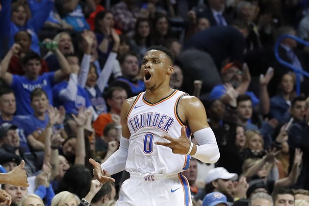 Oklahoma City Thunder guard Russell Westbrook (0) reacts after scoring against the Charlotte Hornets during the first half of an NBA basketball game in Oklahoma City, Friday, Nov. 23, 2018. (AP Photo/Alonzo Adams)